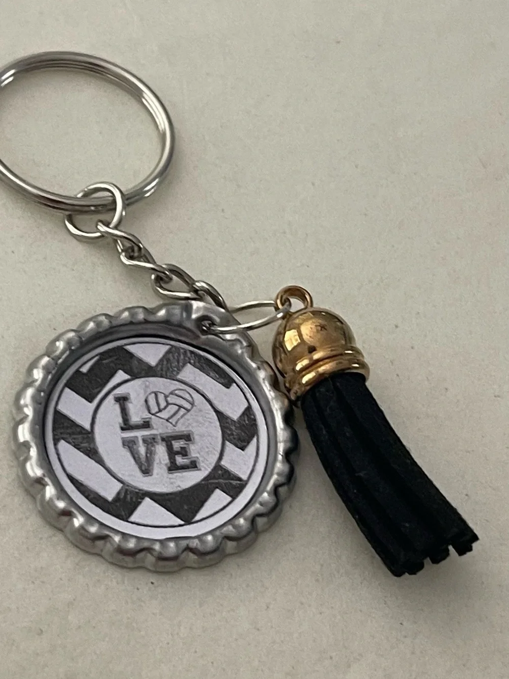 LOVE Bottle Cap Keychain with Black Tassel